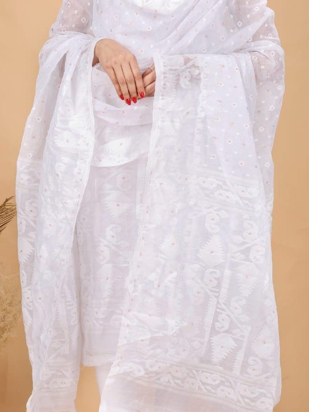 2 Piece Unstitched Soft Jamdani Churidar Set - White - Image 2