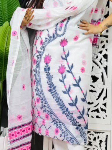 Unstitched Soft Jamdani Churidar Piece - White