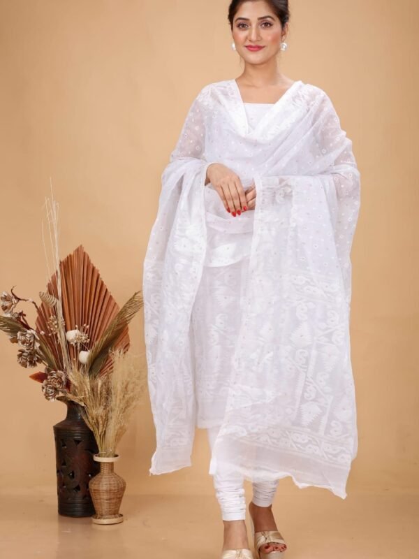2 Piece Unstitched Soft Jamdani Churidar Set - White