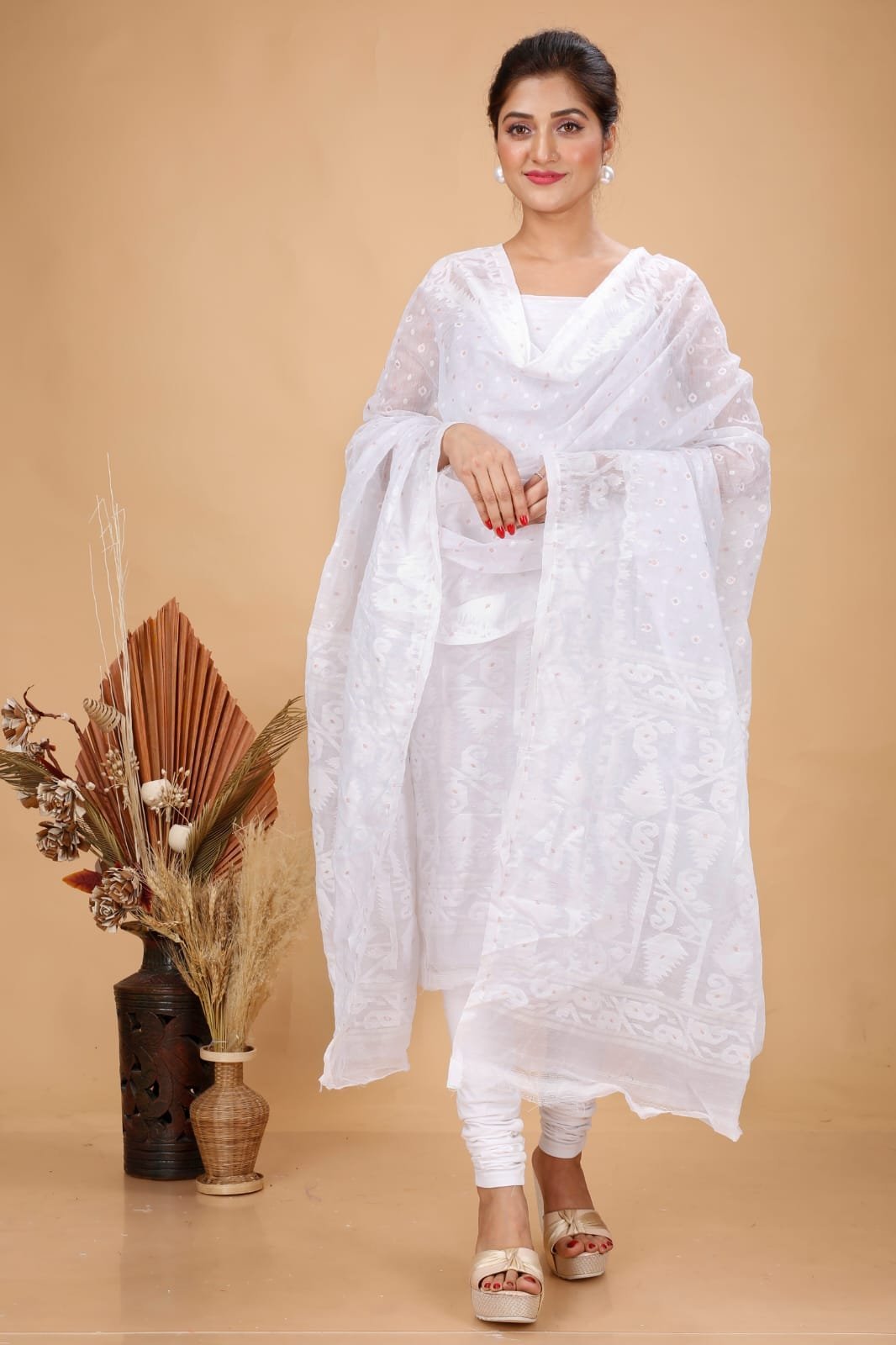2 Piece Unstitched Soft Jamdani Churidar Set - White