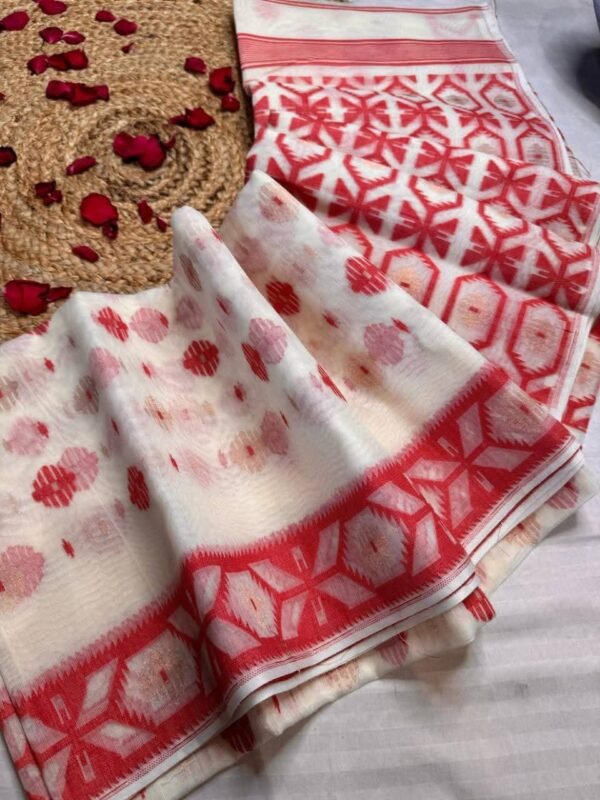Barfi Buti Soft Dhakai Jamdani Sari with Blouse Piece - White