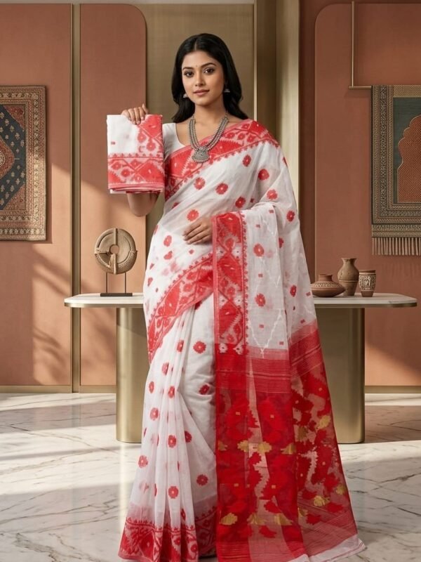 Buti Jal Soft Dhakai Jamdani Sari with Blouse Piece - White