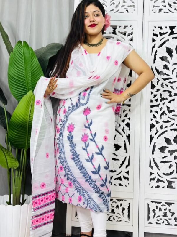 Unstitched Soft Jamdani Churidar Piece - White
