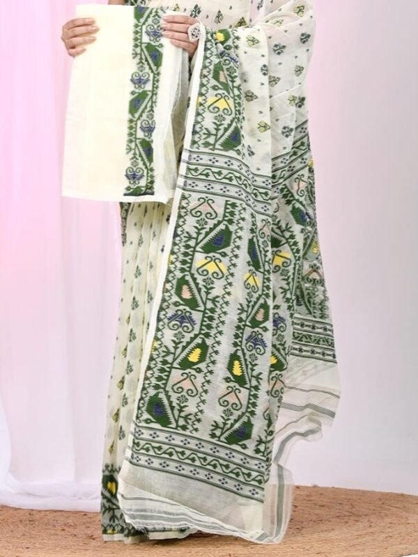 Ikkat Soft Dhakai Jamdani Sari with Blouse Piece - White Rock