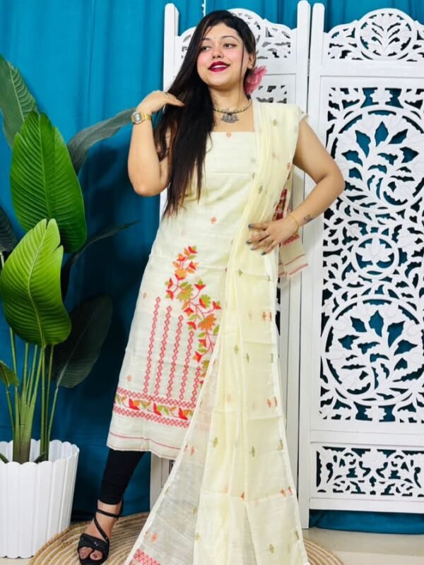 2 Piece Unstitched Soft Jamdani Churidar Set - White Rock