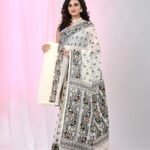 Ikkat Soft Dhakai Jamdani Sari with Blouse Piece - White Rock