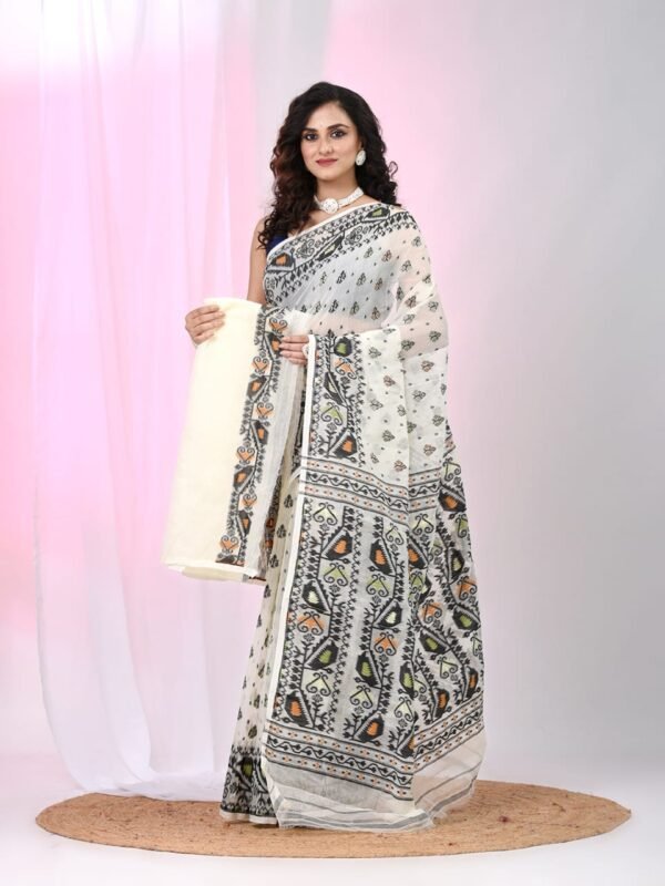 Ikkat Soft Dhakai Jamdani Sari with Blouse Piece - White Rock