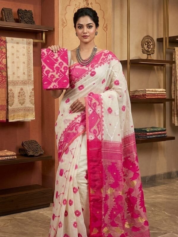 Buti Jal Soft Dhakai Jamdani Sari with Blouse Piece - White Rock