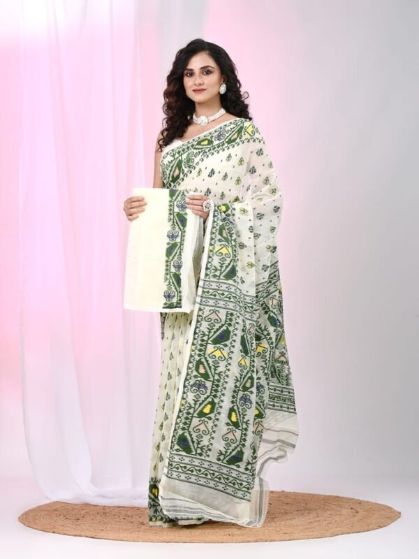 Ikkat Soft Dhakai Jamdani Sari with Blouse Piece - White Rock