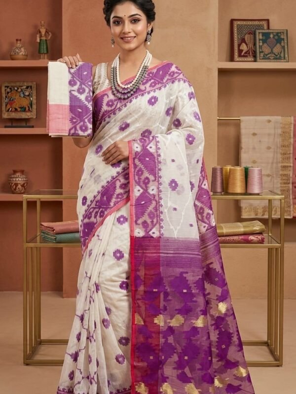 Buti Jal Soft Dhakai Jamdani Sari with Blouse Piece - White Rock