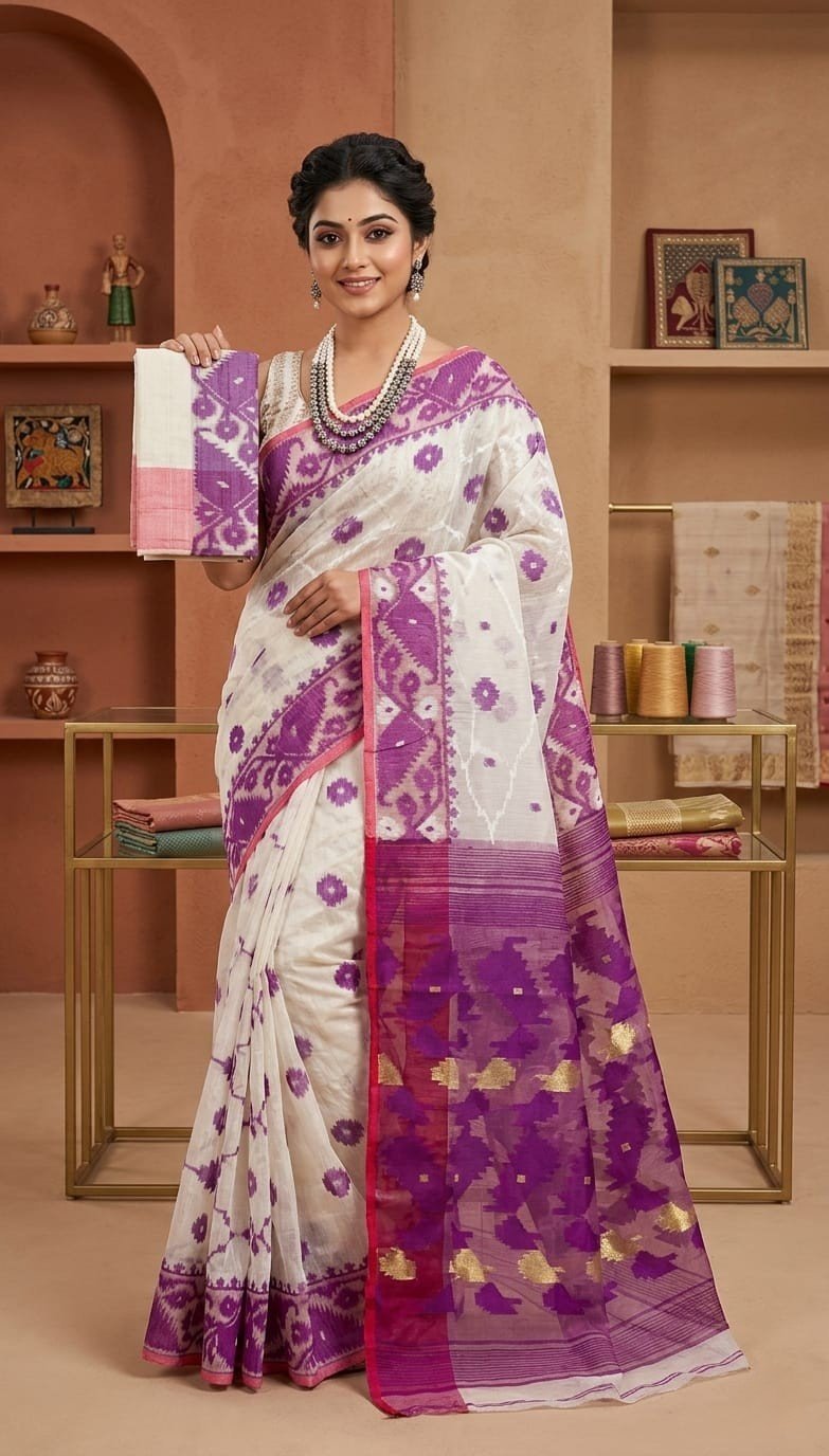 Buti Jal Soft Dhakai Jamdani Sari with Blouse Piece - White Rock