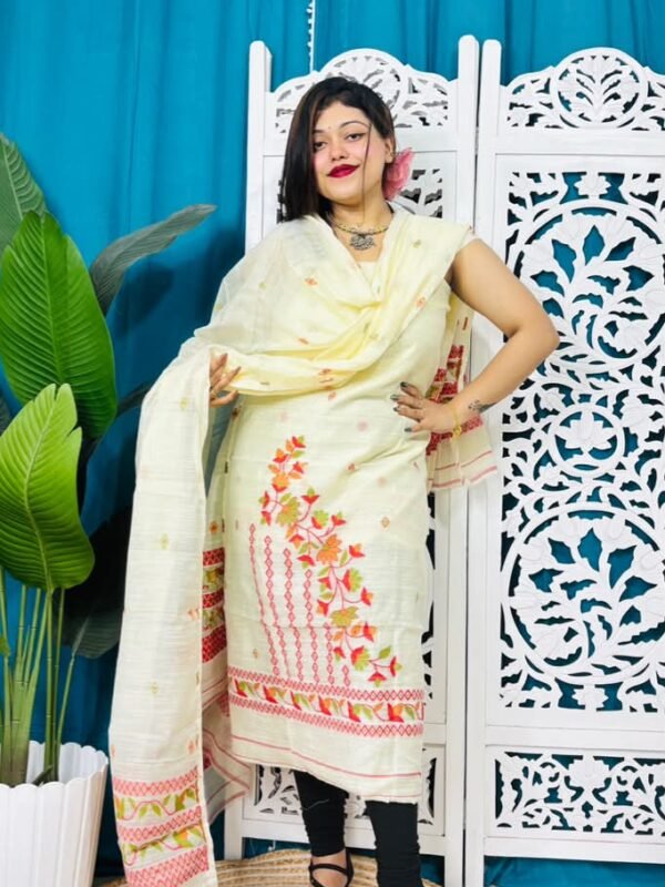 2 Piece Unstitched Soft Jamdani Churidar Set - White Rock