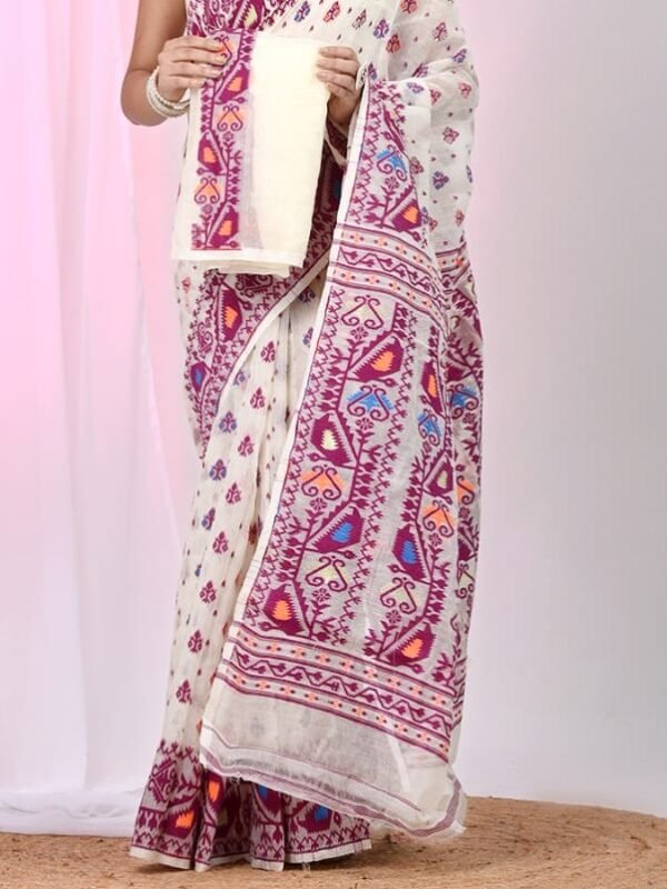 Ikkat Soft Dhakai Jamdani Sari with Blouse Piece - White Rock