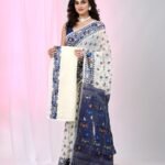 Ikkat Soft Dhakai Jamdani Sari with Blouse Piece - White Rock