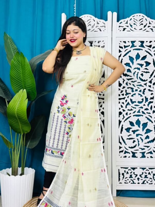 2 Piece Unstitched Soft Jamdani Churidar Set - White Rock
