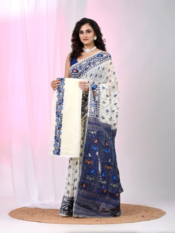 Ikkat Soft Dhakai Jamdani Sari with Blouse Piece - White Rock