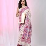 Ikkat Soft Dhakai Jamdani Sari with Blouse Piece - White Rock