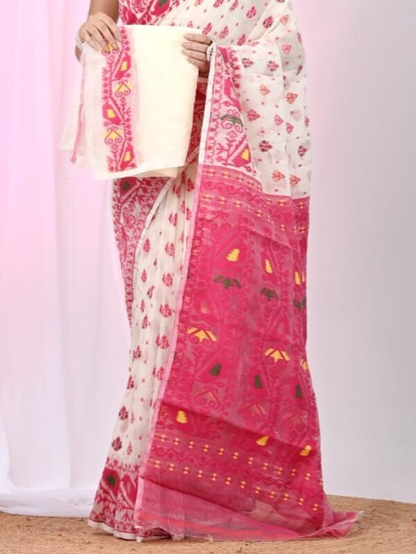 Ikkat Soft Dhakai Jamdani Sari with Blouse Piece - White Rock