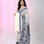 Ikkat Soft Dhakai Jamdani Sari with Blouse Piece - White Rock