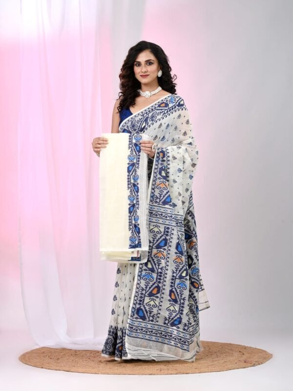 Ikkat Soft Dhakai Jamdani Sari with Blouse Piece - White Rock