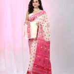 Ikkat Soft Dhakai Jamdani Sari with Blouse Piece - White Rock