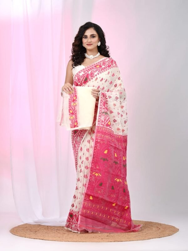 Ikkat Soft Dhakai Jamdani Sari with Blouse Piece - White Rock