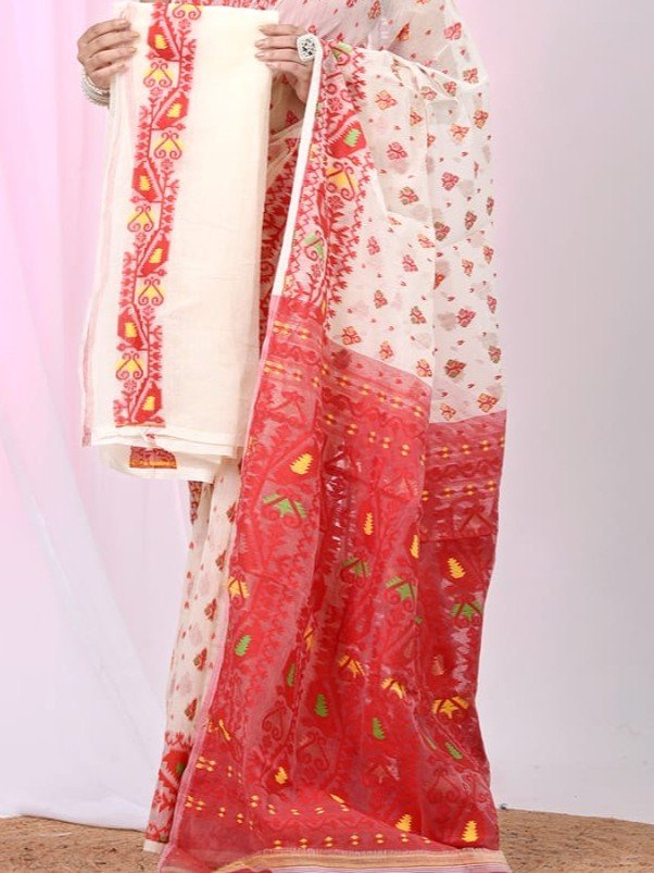 Ikkat Soft Dhakai Jamdani Sari with Blouse Piece - White Rock