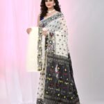 Ikkat Soft Dhakai Jamdani Sari with Blouse Piece - White Rock
