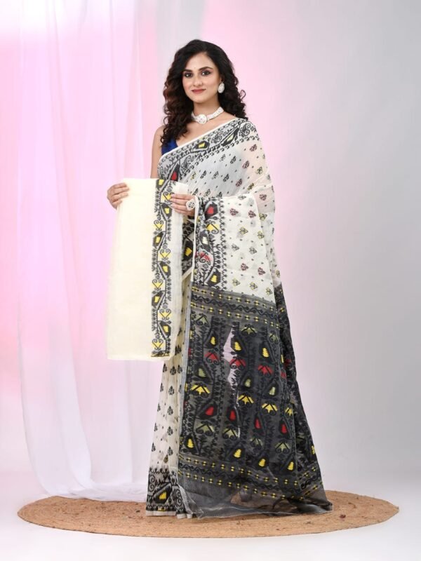 Ikkat Soft Dhakai Jamdani Sari with Blouse Piece - White Rock