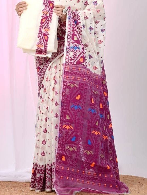 Ikkat Soft Dhakai Jamdani Sari with Blouse Piece - White Rock