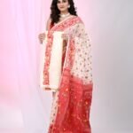Ikkat Soft Dhakai Jamdani Sari with Blouse Piece - White Rock