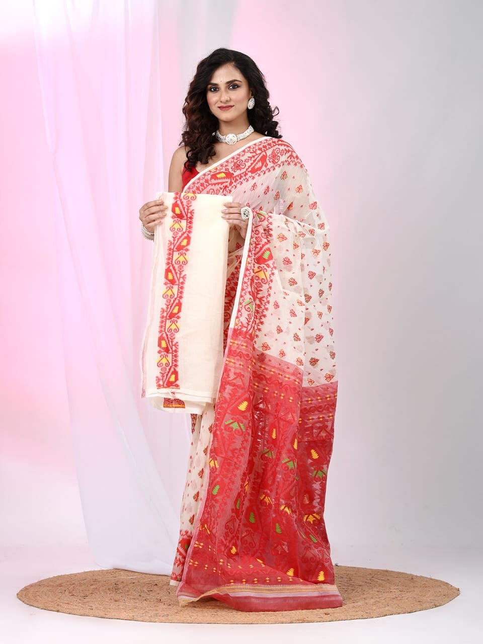 Ikkat Soft Dhakai Jamdani Sari with Blouse Piece - White Rock
