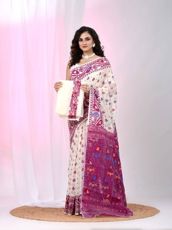 Ikkat Soft Dhakai Jamdani Sari with Blouse Piece - White Rock