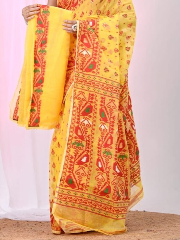 Ikkat Soft Dhakai Jamdani Sari with Blouse Piece - Yellow