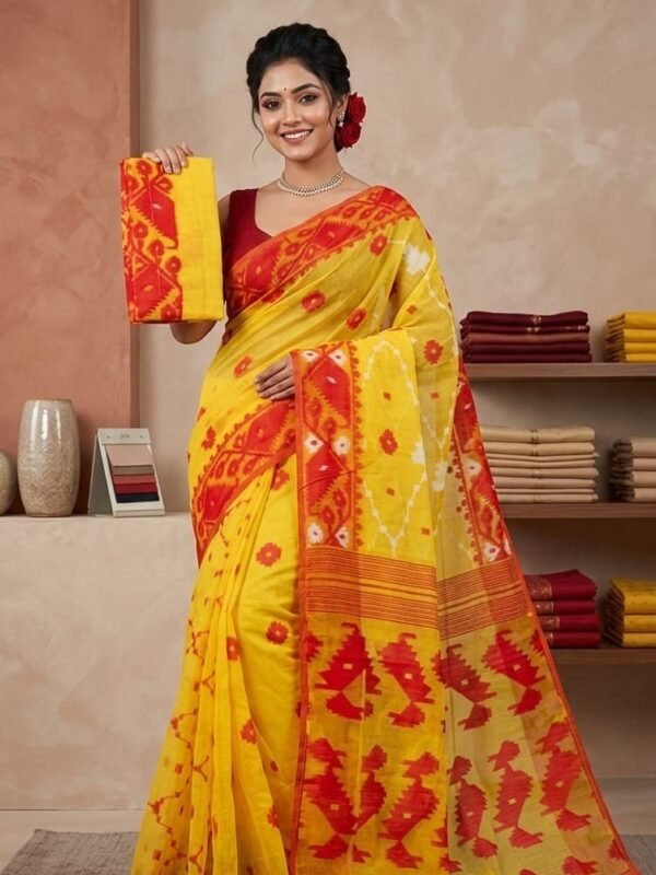 Buti Jal Soft Dhakai Jamdani Sari with Blouse Piece - Yellow