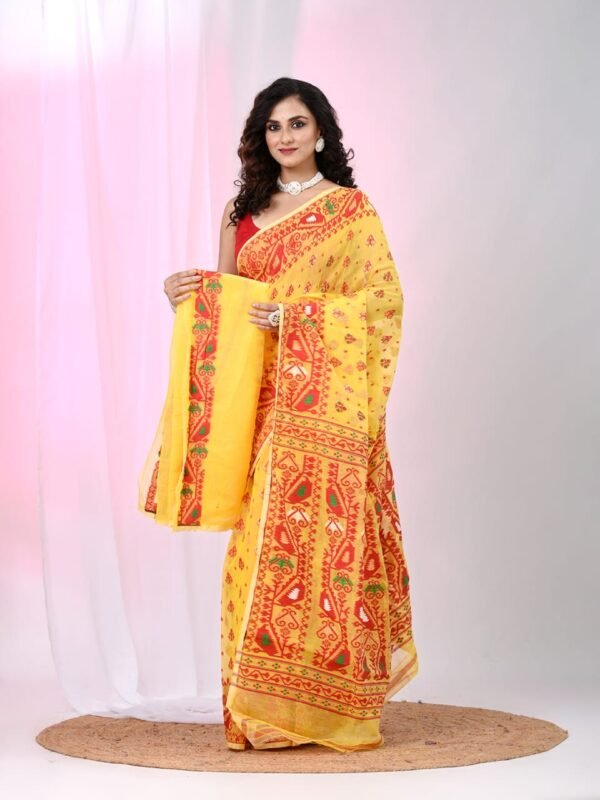 Ikkat Soft Dhakai Jamdani Sari with Blouse Piece - Yellow