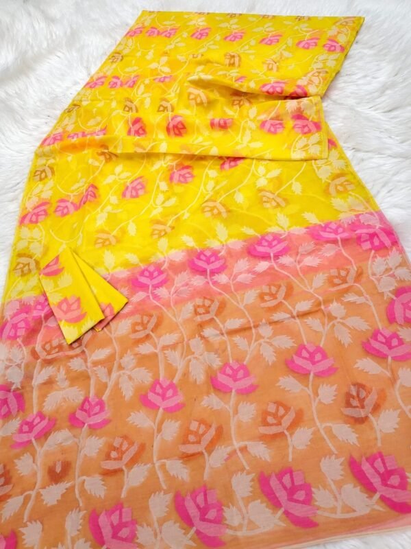 Water Lily Soft Dhakai Jamdani Saree with Blouse Piece - Yellow