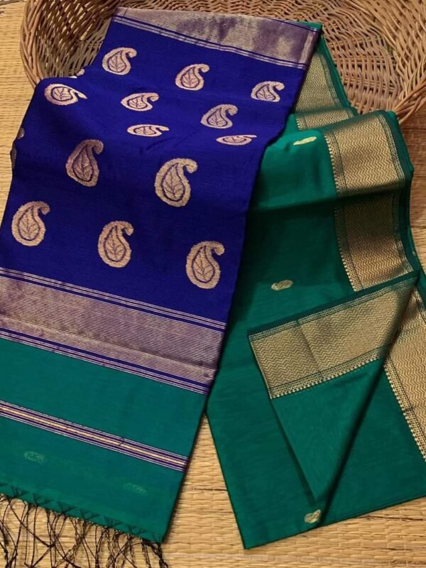 Maheshwari Design Handloom Cotton Silk Sari with Blouse Piece - Deep Aqua