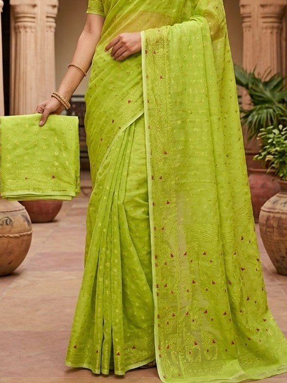 Allover Buti Soft Dhakai Jamdani Sari with Blouse Piece - Avocado Green