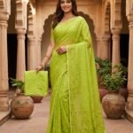 Allover Buti Soft Dhakai Jamdani Sari with Blouse Piece - Avocado Green
