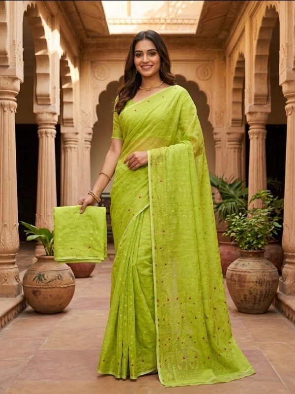 Allover Buti Soft Dhakai Jamdani Sari with Blouse Piece - Avocado Green