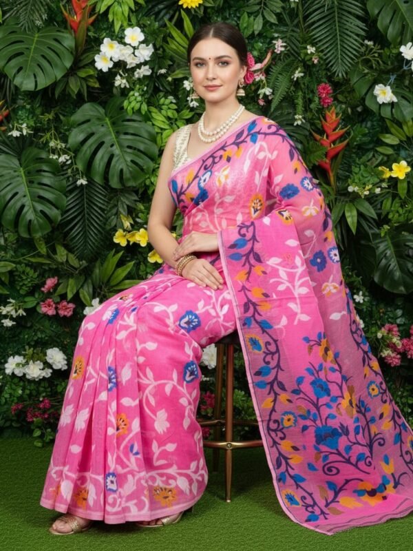Lota Pata Soft Dhakai Jamdani Saree with Blouse Piece - Bashful Pink