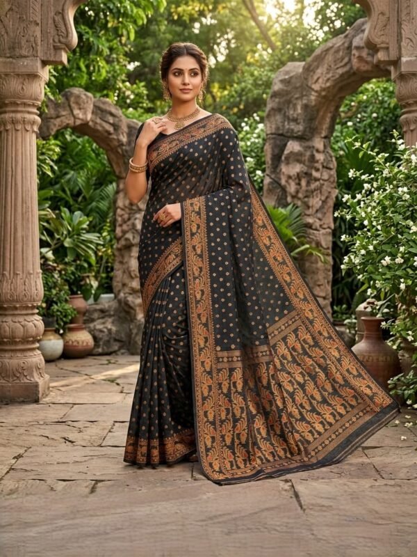 Allover Buti Soft Dhakai Jamdani Sari with Blouse Piece - Black