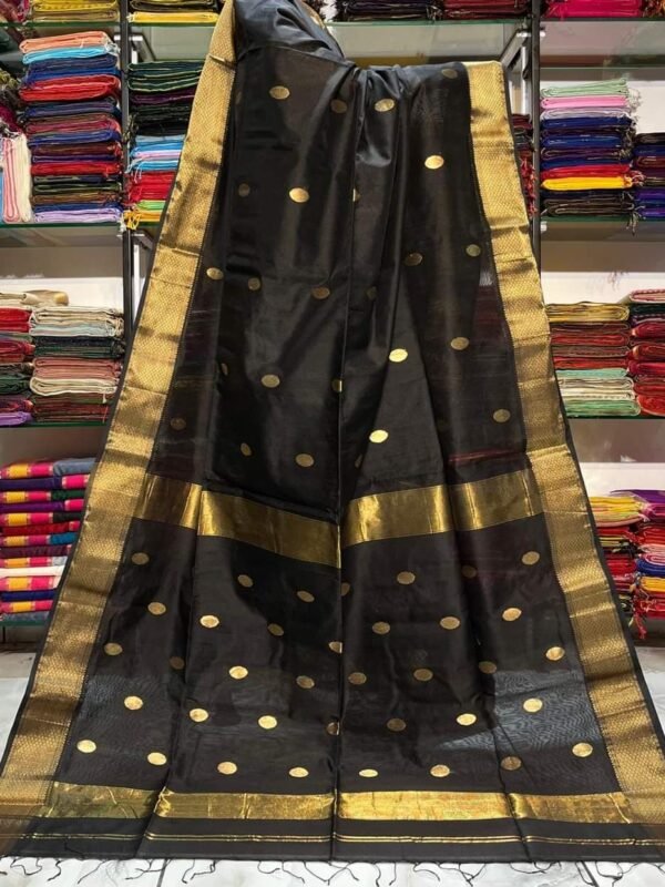 Maheshwari Design Handloom Cotton Silk Sari with Blouse Piece - Black