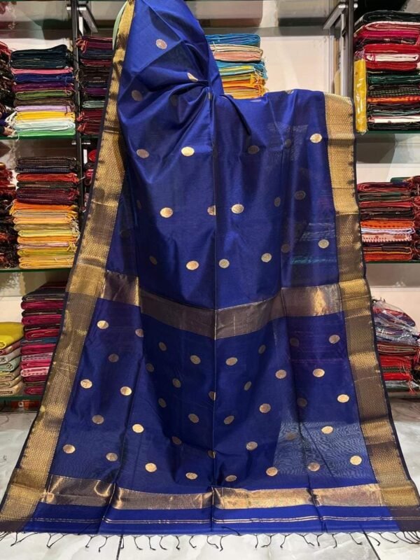 Maheshwari Design Handloom Cotton Silk Sari with Blouse Piece - Blue