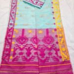 Shiuli Korat Soft Dhakai Jamdani Saree with Blouse Piece - Blue Hosta