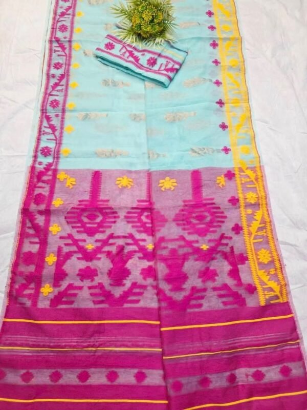 Shiuli Korat Soft Dhakai Jamdani Saree with Blouse Piece - Blue Hosta