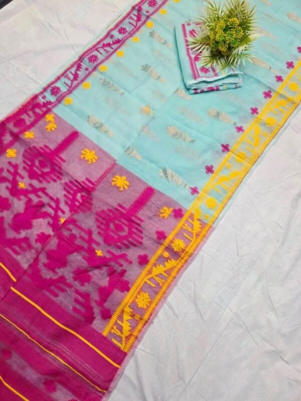 Shiuli Korat Soft Dhakai Jamdani Saree with Blouse Piece - Blue Hosta