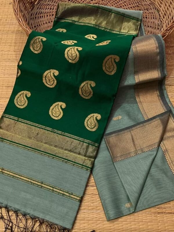 Maheshwari Design Handloom Cotton Silk Sari with Blouse Piece - Blue Smoke