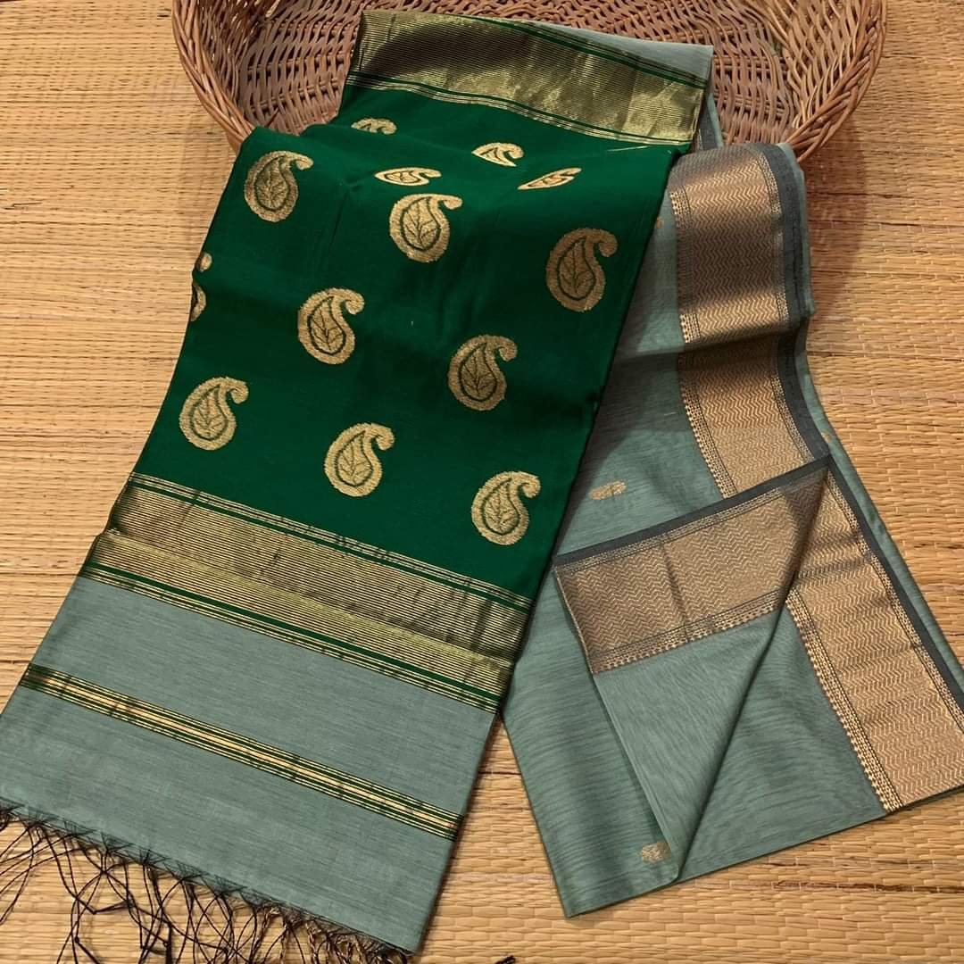 Maheshwari Design Handloom Cotton Silk Sari with Blouse Piece - Blue Smoke